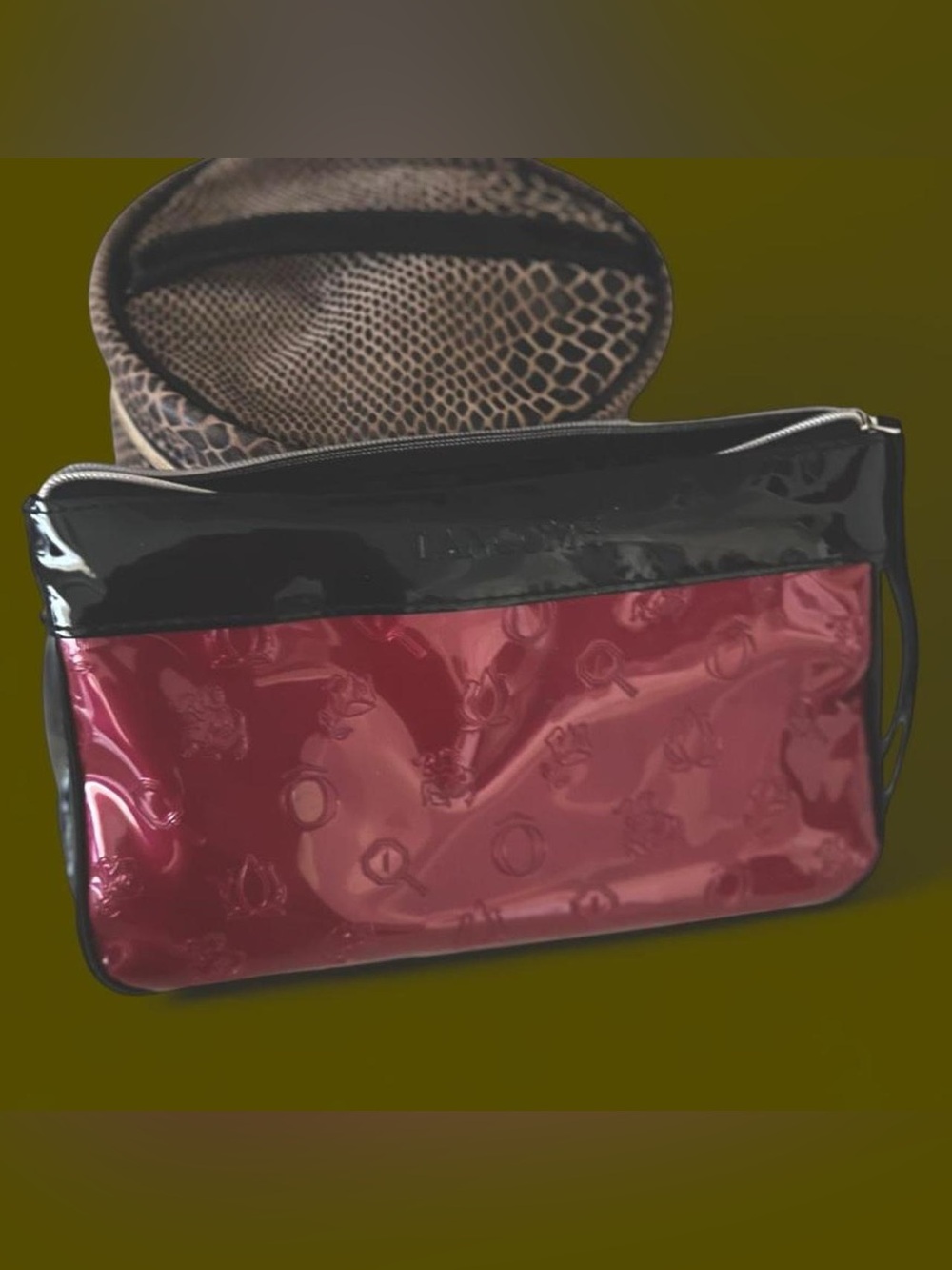 Lancome Patent Burgundy Cosmetics Bag Wristlet